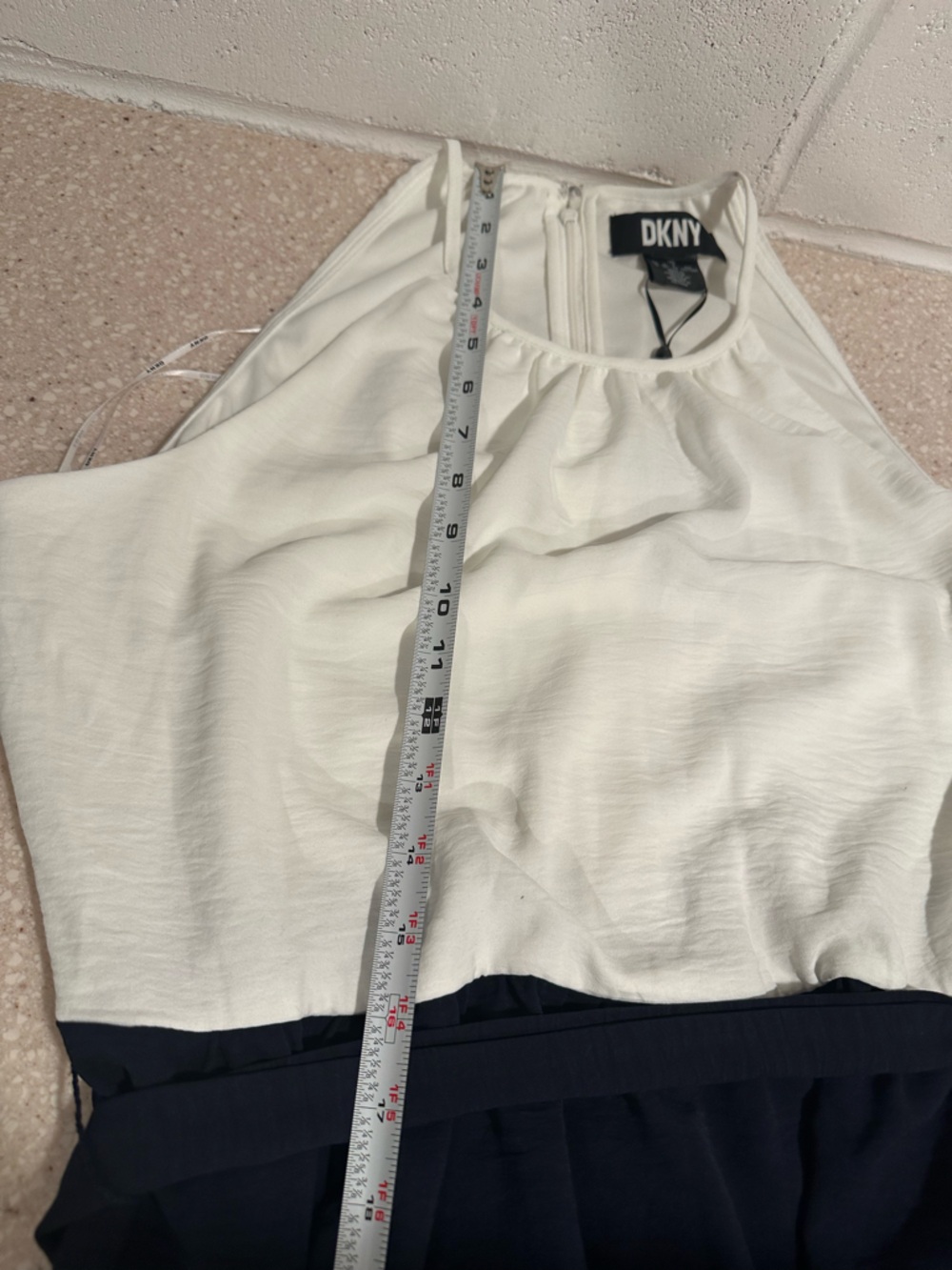 DKNY Women's Tiered Tie-Waist Halter-Neck Midi Dress Ivory/Spring Navy NWT 12 - Picture 13 of 16